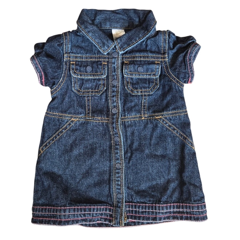 Baby Bgosh Oshkosh Denim Dress Girl 9 Months Short Sleeve Pink Stitch‎ Cotton